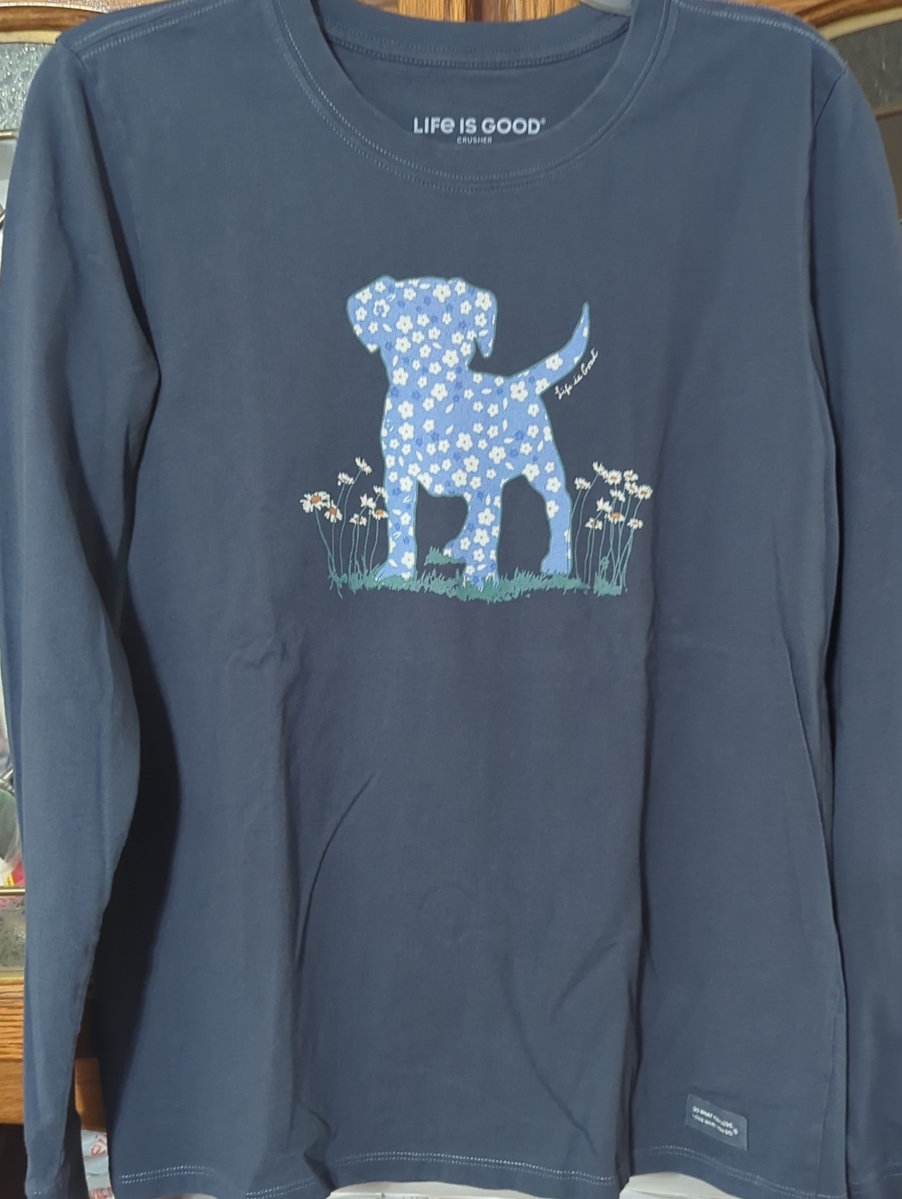 Life Is Good Navy Long Sleeve Tee with Blue Floral Puppy